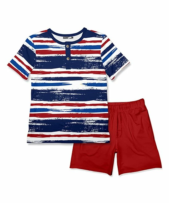 Best deal ๐ Millie & Maxx Navy Stripe Henley & Red Shorts - Boys For Kids ๐