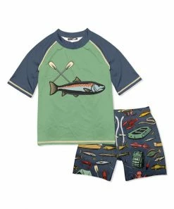 Outlet ✨ Millie & Maxx Dark Gray & Green Fish Short-Sleeve Rashguard Set - Toddler For Kids 👍