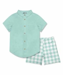 Brand new ✔️ Millie & Maxx Mint Short-Sleeve Button-Up & Gingham Pocket Shorts - Boys For Kids 🧨