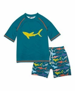 Discount 😍 Millie & Maxx Teal & Yellow Shark Short-Sleeve Rashguard Set - Infant For Baby & Maternity 👍