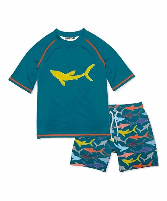 Discount ๐ Millie & Maxx Teal & Yellow Shark Short-Sleeve Rashguard Set - Infant For Baby & Maternity ๐ 1 Discount ๐ Millie & Maxx Teal & Yellow Shark Short-Sleeve Rashguard Set - Infant For Baby & Maternity ๐