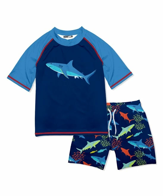 Budget ❤️ Millie & Maxx Navy Shark Bait Short-Sleeve Rashguard Set - Toddler For Kids 🥰