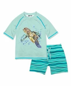 Wholesale 😉 Millie & Maxx Mint Turtle Waves Short-Sleeve Rashguard Set - Infant & Boys For Kids 🛒