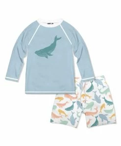 Best Sale ๐ Millie & Maxx Pale Blue & White Whales Long-Sleeve Rashguard Set - Toddler & Boys For Kids ๐