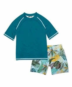 Hot Sale 😀 Millie & Maxx Pale Blue Tropics Short-Sleeve Rashguard Set - Infant, Toddler & Boys For Kids 🎉
