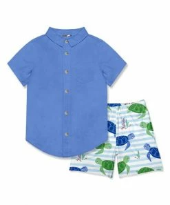 Cheap 👍 Millie & Maxx Marina Blue Short-Sleeve Button-Up & Turtles Pocket Shorts - Toddler For Kids 🎁