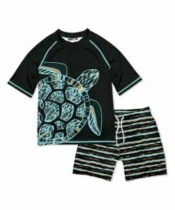 Best Pirce 🤩 Millie & Maxx Midnight & Mint Sea Turtle Stripe Short-Sleeve Rashguard Set - Infant, Toddler & Boys For Kids 🌟