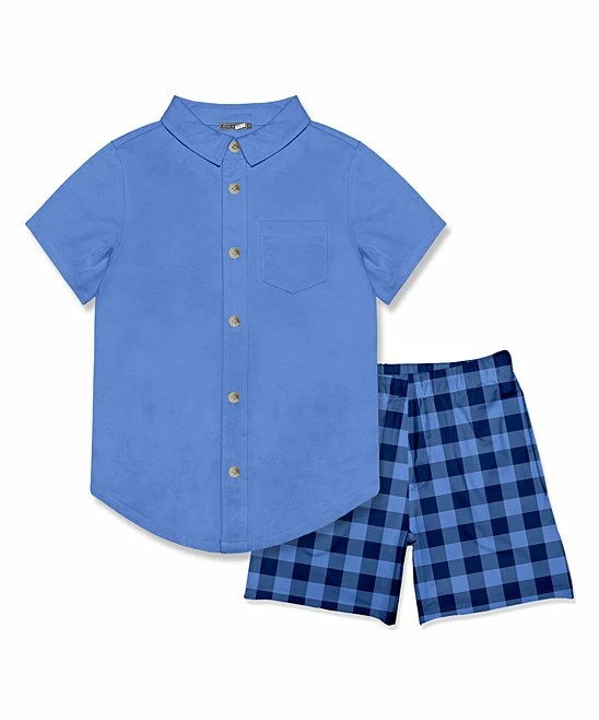 Best deal ๐ Millie & Maxx Marina Blue Short-Sleeve Button-Up & Navy Gingham Pocket Shorts - Toddler & Boys For Kids ๐ 1 Best deal ๐ Millie & Maxx Marina Blue Short-Sleeve Button-Up & Navy Gingham Pocket Shorts - Toddler & Boys For Kids ๐
