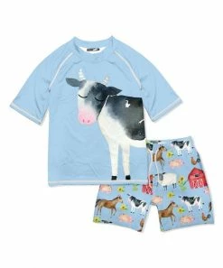Promo ๐งจ Millie & Maxx Light Sky Blue & Red Cow Barns Short-Sleeve Rashguard Set - Infant & Boys For Kids ๐คฉ