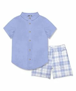 Best Pirce 💯 Millie & Maxx Periwinkle Short-Sleeve Button-Up & Plaid Pocket Shorts - Toddler & Boys For Kids 🎁