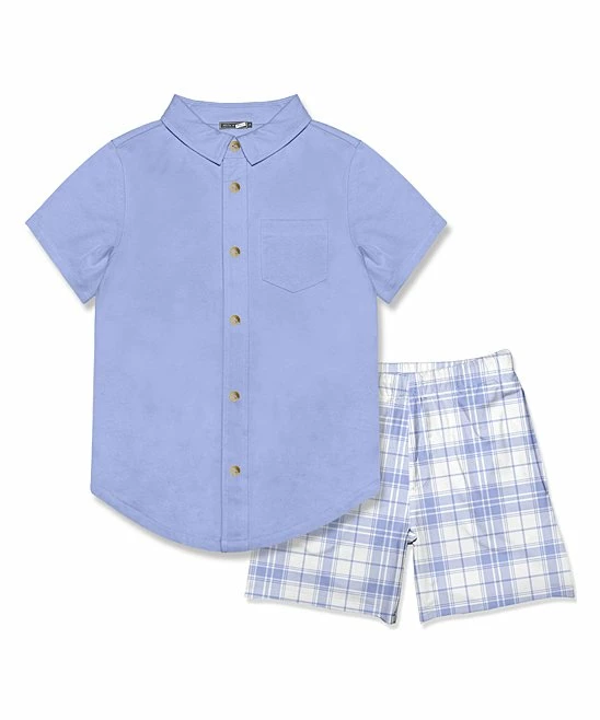 Best Pirce 💯 Millie & Maxx Periwinkle Short-Sleeve Button-Up & Plaid Pocket Shorts - Toddler & Boys For Kids 🎁 1 Best Pirce 💯 Millie & Maxx Periwinkle Short-Sleeve Button-Up & Plaid Pocket Shorts - Toddler & Boys For Kids 🎁