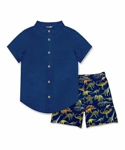 Cheap ✨ Millie & Maxx Navy Button Front 👚 Shirt & Navy & Navy Dino Shorts - Toddler & Boys For Kids 🎁