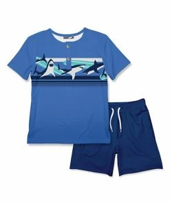 New โค๏ธ Millie & Maxx Marina Blue Shark Henley & Navy Pocket Shorts - Toddler For Kids ๐