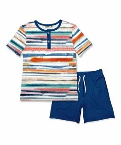 Coupon 🎉 Millie & Maxx Cream Riptide Stripe Henley & Navy Pocket Shorts - Toddler & Boys For Kids ⭐
