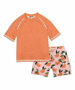Best Sale 😀 Millie & Maxx Orange & Light Pink Peaches Short-Sleeve Rashguard Set - Toddler & Boys For Kids ⌛