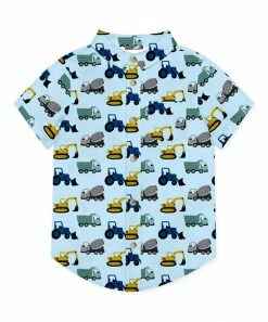 Flash Sale ⌛ Millie & Maxx Light Blue Construction Vehicles Short-Sleeve Button-Up - Toddler & Boys For Kids 🎉
