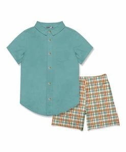Outlet ⌛ Millie & Maxx Nile Blue Short-Sleeve Button-Up & Pumpkin Patch Plaid Shorts - Boys For Kids ✨