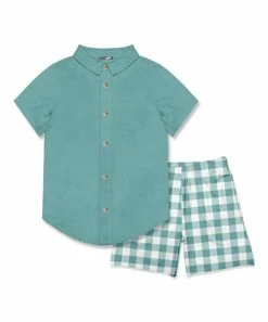 Best Sale โ Millie & Maxx Nile Blue Short-Sleeve Button-Up & White Gingham Shorts - Toddler & Boys For Kids ๐