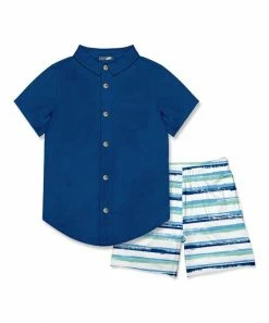 Cheap 🎁 Millie & Maxx Cobalt Short-Sleeve Button-Up & Blue Brush Stripe Pocket Shorts - Toddler & Boys For Kids 🧨