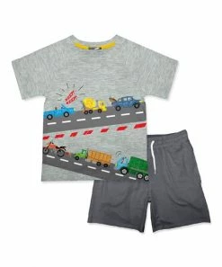 Cheapest 💯 Millie & Maxx Gray Transport Vehicle Tee & Dark Gray Drawstring Shorts - Infant, Toddler & Boys For Kids 🔔