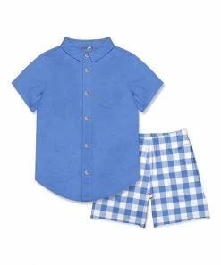 Cheap 🧨 Millie & Maxx Marina Blue Short-Sleeve Button-Up & White Gingham Pocket Shorts - Toddler & Boys For Kids 🔥