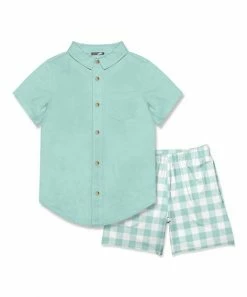 Brand new 💯 Millie & Maxx Mint Short-Sleeve Button-Up & White Gingham Pocket Shorts - Toddler & Boys For Kids ✔️