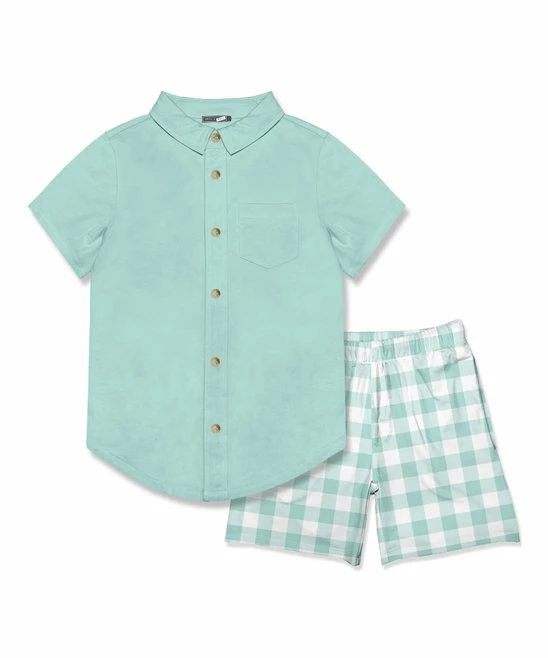 Brand new 💯 Millie & Maxx Mint Short-Sleeve Button-Up & White Gingham Pocket Shorts - Toddler & Boys For Kids ✔️
