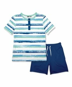 Best Pirce 🔔 Millie & Maxx Mint Brush Stripe Henley & Navy Drawstring Shorts - Toddler & Boys For Kids 👍