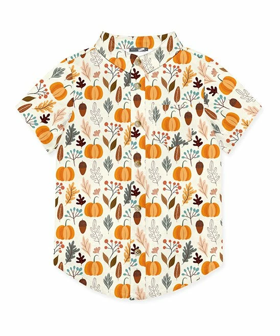 Best deal 👏 Millie & Maxx Cream & Orange Autumn Frost Short-Sleeve Button-Up - Toddler & Boys For Kids 😍