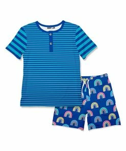 Deals 🎉 Millie & Maxx Blue Stripe Henley & Tie-Dye Rainbow Shorts - Infant For Kids 💯