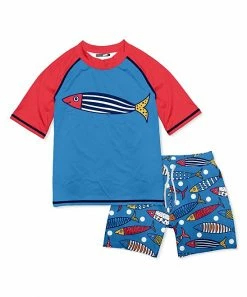 Hot Sale ๐ฏ Millie & Maxx Blue & Red Minnows Short-Sleeve Rashguard Set - Toddler For Kids ๐งจ