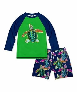 Discount 👏 Millie & Maxx Green & Navy Sea Turtle Long-Sleeve Rashguard Set - Boys For Kids ✨