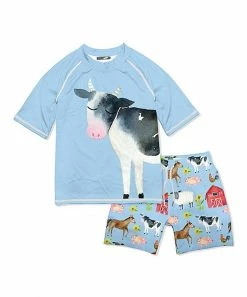 Brand new 💯 Millie & Maxx Sky Blue Cow & Farm Animal Short-Sleeve Rashguard Set - Infant, Toddler & Boys For Kids ⭐