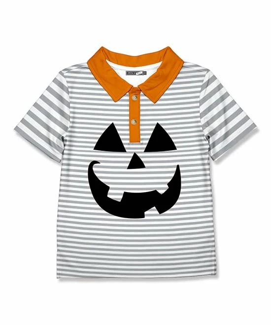 Budget 👏 Millie & Maxx Gray Stripe Pumpkin Face Polo - Boys For Kids ✔️ 1 Budget 👏 Millie & Maxx Gray Stripe Pumpkin Face Polo - Boys For Kids ✔️