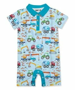 Deals 😀 Millie & Maxx Pale Blue Road Construction Button-Front Romper - Infant For Kids ❤️