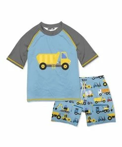 Flash Sale 💯 Millie & Maxx Gray & Blue Construction Truck Short-Sleeve Rashguard Set - Boys For Kids 🥰