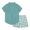 Best deal ⭐ Millie & Maxx Nile Blue Short-Sleeve Button-Up & Gingham Pocket Shorts - Toddler For Kids 💯