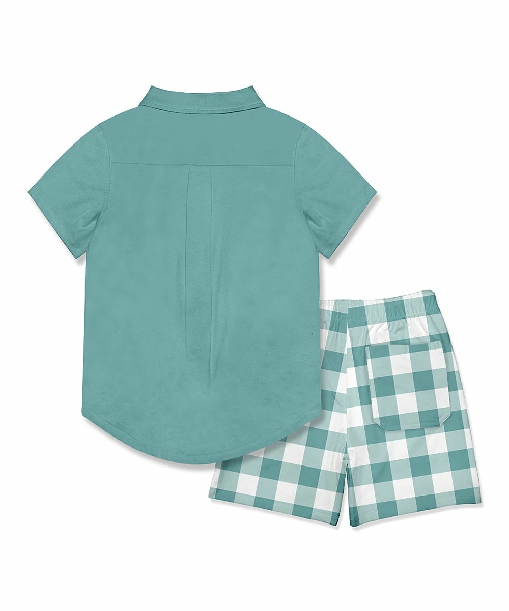 Top 10 β€οΈ Millie & Maxx Nile Blue Short-Sleeve Button-Up & Gingham Pocket Shorts - Toddler & Boys For Kids βοΈ - Image 3