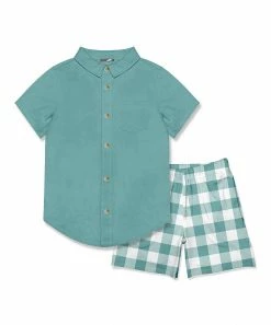 Top 10 โค๏ธ Millie & Maxx Nile Blue Short-Sleeve Button-Up & Gingham Pocket Shorts - Toddler & Boys For Kids โ๏ธ