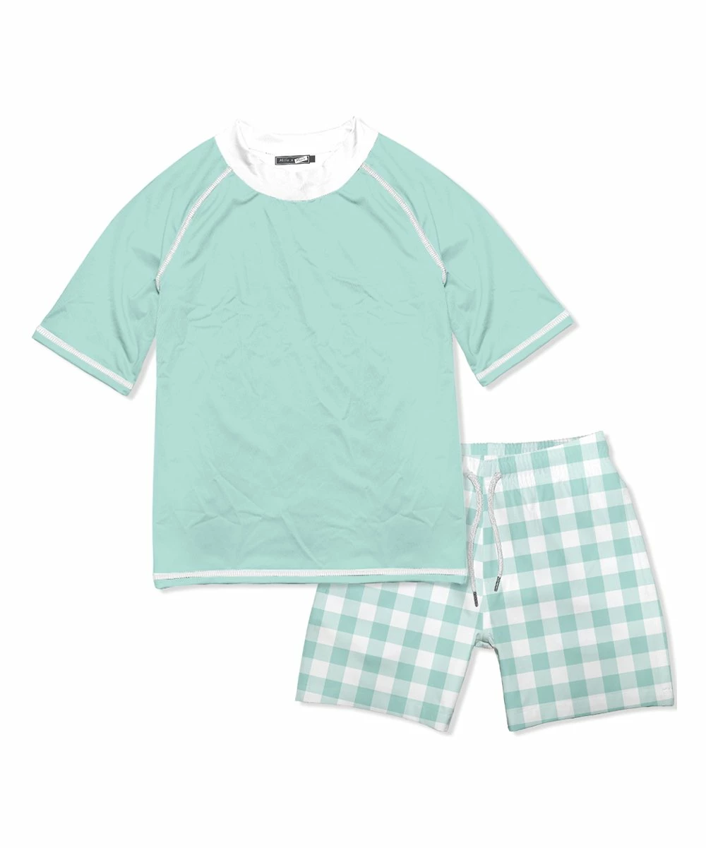 Best deal 🛒 Millie & Maxx Mint & White Gingham Short-Sleeve Rashguard Set - Boys For Kids 👏 1 Best deal 🛒 Millie & Maxx Mint & White Gingham Short-Sleeve Rashguard Set - Boys For Kids 👏