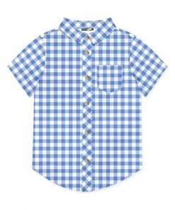 Deals 👍 Millie & Maxx Marina Blue & White Gingham Short-Sleeve Button-Up - Toddler & Boys For Kids 🛒