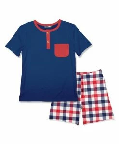 Buy 🤩 Millie & Maxx Navy Pocket Henley & Americana Gingham Pocket Shorts - Infant For Kids 😀