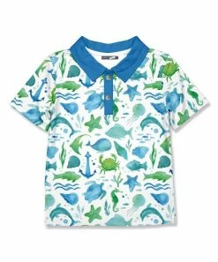 Hot Sale โค๏ธ Millie & Maxx White & Blue Watercolor Sea Short-Sleeve Polo - Boys For Kids โค๏ธ