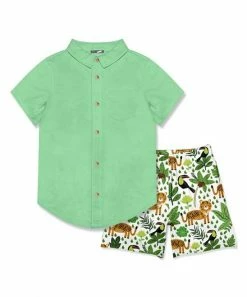 Coupon 🎉 Millie & Maxx Jade Short-Sleeve Button-Up & Green Jungle Animals Pocket Shorts - Boys For Kids 🤩