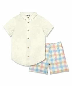Buy 🥰 Millie & Maxx Cream Short-Sleeve Button-Up & Pastel Plaid Pocket Shorts - Boys For Kids 👍