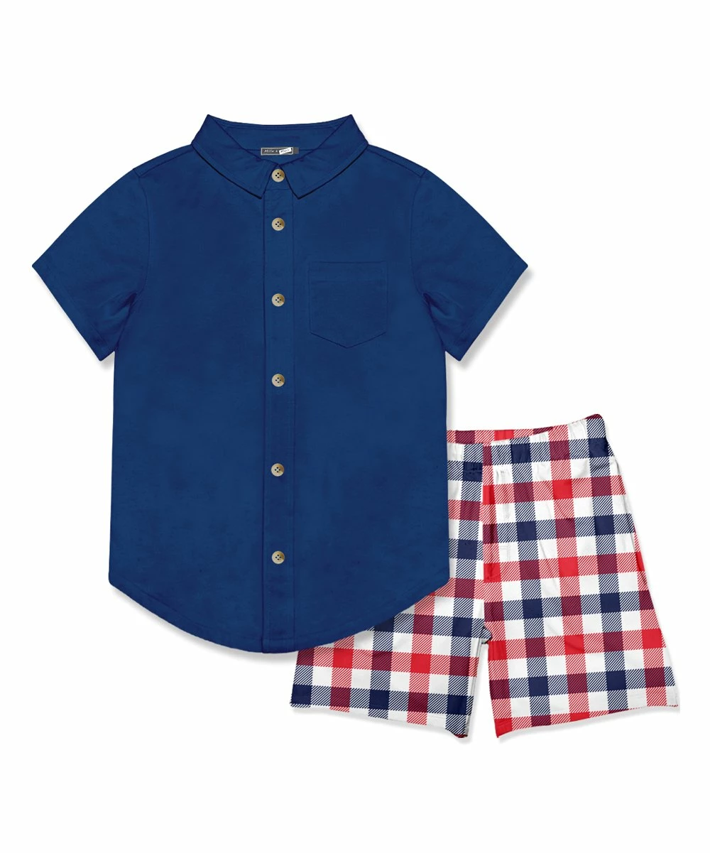 Flash Sale ๐ Millie & Maxx Navy Short-Sleeve Button-Up & Americana Plaid Pocket Shorts - Boys For Kids โ๏ธ 1 Flash Sale ๐ Millie & Maxx Navy Short-Sleeve Button-Up & Americana Plaid Pocket Shorts - Boys For Kids โ๏ธ
