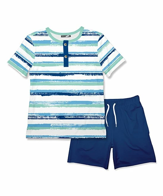 Coupon 🌟 Millie & Maxx Mint Brush Stripe Henley & Navy Shorts - Infant, Toddler & Boys For Kids 👍