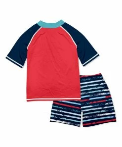 Coupon 😍 Millie & Maxx Dark Navy & Red Stripe Short-Sleeve Rashguard Set - Infant, Toddler & Boys For Kids 🔔 -Millie Loves Lily Shop zu104437456 alt 2 tm1650466993