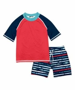 Coupon 😍 Millie & Maxx Dark Navy & Red Stripe Short-Sleeve Rashguard Set - Infant, Toddler & Boys For Kids 🔔