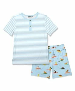 Promo ⭐ Millie & Maxx Light Blue Stripe Henley & Blue 🐶 Doggie Surf Pocket Shorts - Toddler For Kids 🎉